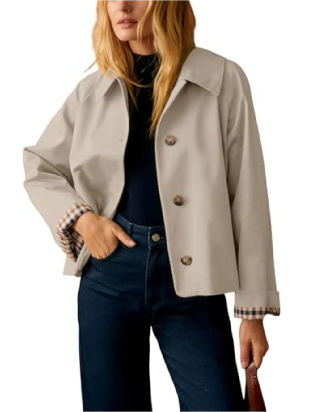Women's Short Trench Coat Plaid Lining Lightweight Casual